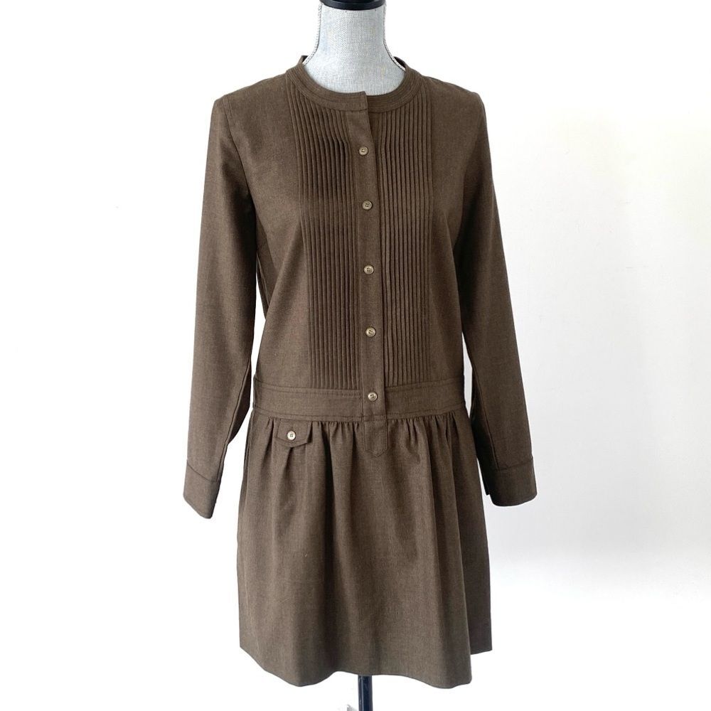 J.Crew Pin Tucked Dropped Waist Long Sleeve Wool Dress in Olive Sz 8 Military - Picture 4 of 12